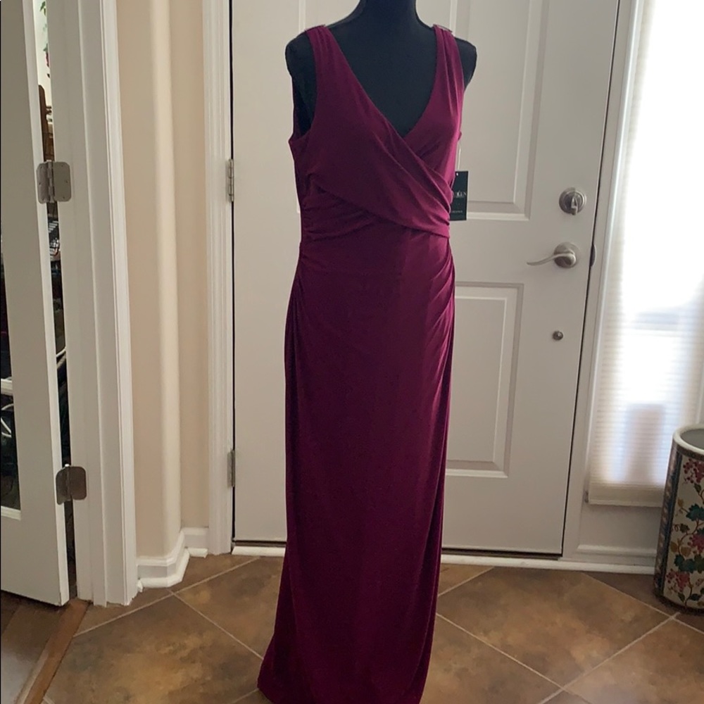 Lauren Ralph Lauren Double V-Neck Ruched Gown w/Rhinestone Accent at Shoulder